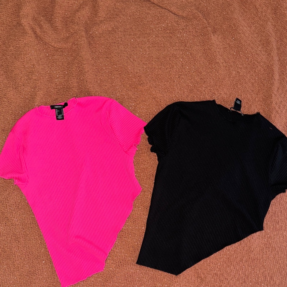Forever 21 Short Sleeve Ribbed Tops - Hot Pink & Black